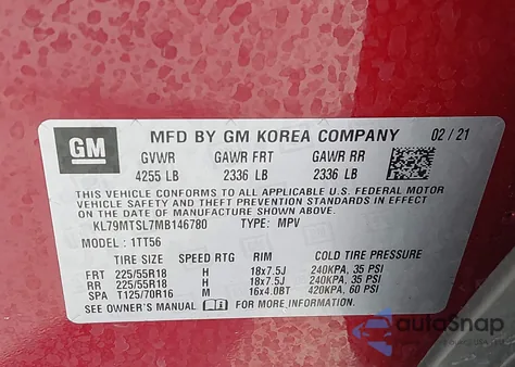 2021 Chevrolet Trailblazer Fwd Rs из США, поврежденный, VIN KL79MTSL7MB146780